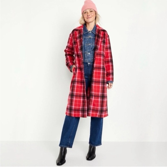 Old Navy Women's Oversized Overcoat Soft-Brushed Tartan Red Plaid Plus 3X Coat - Picture 1 of 15
